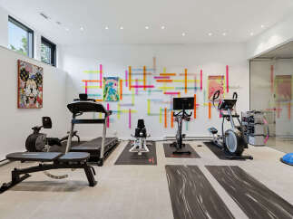 This modern home gym features a variety of cardio equipment including a treadmill, elliptical, and stationary bike, perfect for a full-body workout.
