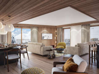 Experience luxury mountain living in this stunning alpine apartment, featuring a spacious open-plan living and dining area perfect for entertaining.