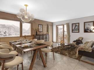 Experience luxurious mountain living in this stunning dining and living area, featuring a beautifully set dining table with a view of snow-capped peaks.