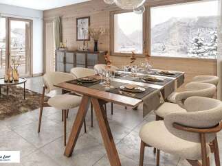 Experience luxurious mountain living in this stunning dining room, featuring a beautifully set table perfect for intimate gatherings.