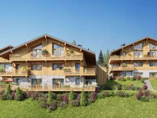 Experience luxurious mountain living in these stunning wooden chalets, featuring expansive balconies with breathtaking views and elegant stone accents.