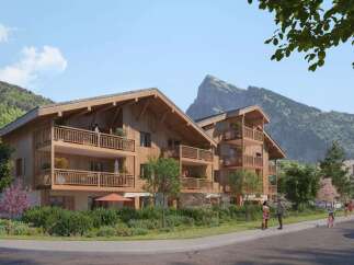 Experience mountain living in this stunning wooden apartment building, featuring spacious balconies with breathtaking views.