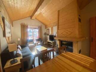 Experience cozy living in this charming mountain retreat, featuring a rustic wooden interior and a grand stone fireplace perfect for chilly evenings.