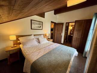 Experience cozy mountain living in this charming bedroom featuring a comfortable bed adorned with plush pillows and a quilted coverlet.