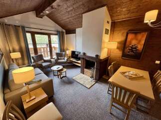 Experience cozy mountain living in this charming living room, featuring a rustic wood-paneled ceiling and a striking stone fireplace.