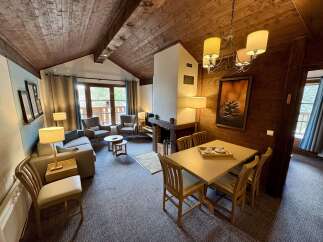Experience cozy living in this charming mountain retreat, featuring a rustic wood-paneled ceiling and a warm fireplace.