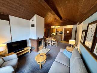 Experience cozy living in this charming mountain retreat, featuring a rustic wood-paneled ceiling and a prominent stone fireplace.