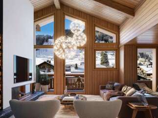 Experience luxury mountain living in this stunning chalet, featuring a modern fireplace, expansive windows with breathtaking ski slope views, and a cozy, wood-paneled interior.
