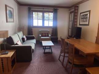 Experience cozy living in this charming apartment, featuring a comfortable sofa and armchair perfect for relaxation.
