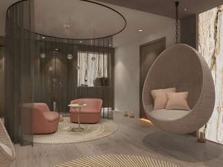 Experience ultimate relaxation in this serene spa-like living space, featuring comfortable pink armchairs and unique hanging egg chairs perfect for unwinding.