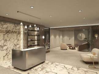 Experience luxury and tranquility at this stunning reception area, featuring a sleek metallic reception desk and elegant marble accents.