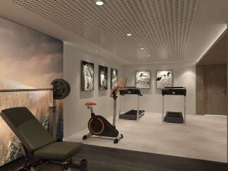 Elevate your fitness routine in this modern home gym, featuring a weight bench, stationary bike, and treadmills.