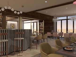 Experience luxury dining in this elegantly designed restaurant, featuring a chic bar area with modern stools and a striking black and white tiled counter.