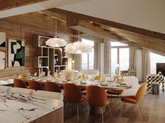 Experience luxury mountain living in this stunning dining and living area, featuring a large oval dining table set for a feast and surrounded by vibrant orange chairs.