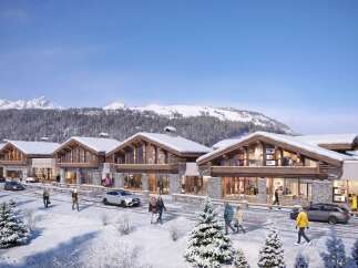 Experience luxury mountain living in this stunning alpine village featuring charming wooden chalets with snow-capped roofs.