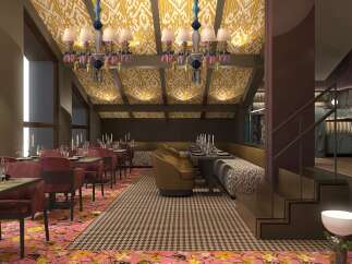 Experience sophisticated dining in this elegantly designed restaurant, featuring plush velvet seating and a vibrant floral carpet.