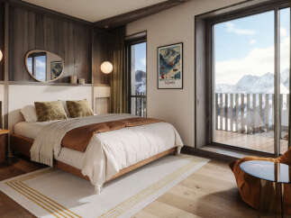 Experience luxury mountain living in this stunning bedroom with a cozy ambiance and breathtaking panoramic views.