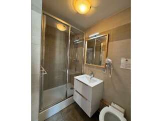This modern bathroom features a spacious glass-enclosed shower, a sleek white vanity with ample storage, and a clean white toilet.