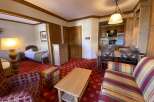 Discover this charming hotel room featuring a cozy sleeping area with two beds and a separate living space with a comfortable sofa and armchair.