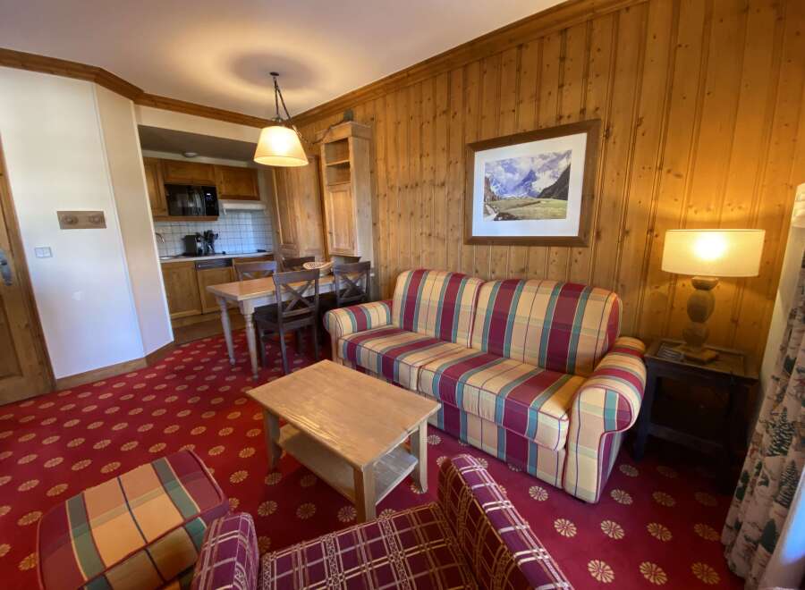 Experience cozy living in this charming apartment featuring a warm, wood-paneled living area with a comfortable plaid sofa and a rustic coffee table.