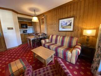 Experience cozy living in this charming apartment featuring a warm, wood-paneled living area with a comfortable plaid sofa and a rustic coffee table.