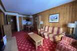 Experience cozy living in this charming apartment featuring a vibrant living area with a plaid sofa and accent chairs, perfect for relaxation.