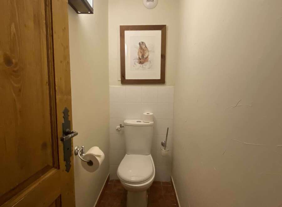 This charming powder room features a classic white toilet, complemented by a decorative framed artwork of a woodland creature above the tiled backsplash.