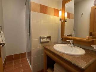 This charming bathroom features a spacious walk-in shower with terracotta tiled flooring, perfect for a refreshing start to your day.
