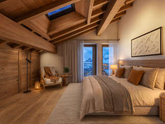 Experience luxury mountain living in this stunning chalet bedroom, featuring exposed wooden beams, a cozy reading nook, and breathtaking views of snow-capped peaks from the balcony.