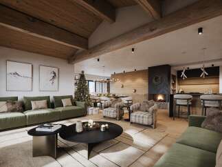 Experience luxury mountain living in this stunning open-concept great room, featuring a cozy fireplace, elegant dining area, and a modern kitchen perfect for entertaining.