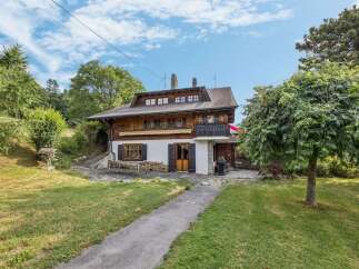 Charming wooden chalet nestled in a serene, green landscape, perfect for a tranquil getaway.