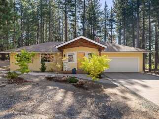 Nestled among tall pine trees, this charming yellow single-story home offers a serene retreat.
