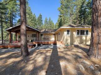 Nestled among tall pine trees, this charming yellow home offers a serene retreat.