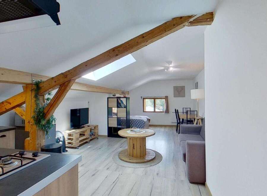 Discover this charming studio apartment featuring a well-equipped kitchen with modern appliances and a cozy living area.