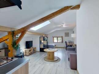 Discover this charming studio apartment featuring a well-equipped kitchen with modern appliances and a cozy living area.