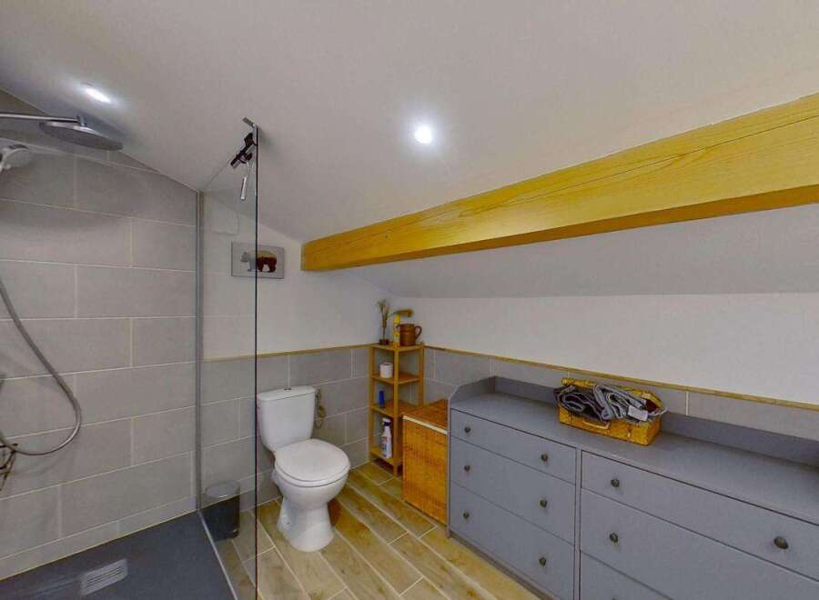 Discover this charming bathroom featuring a spacious walk-in shower with modern grey tiling and a rainfall showerhead.