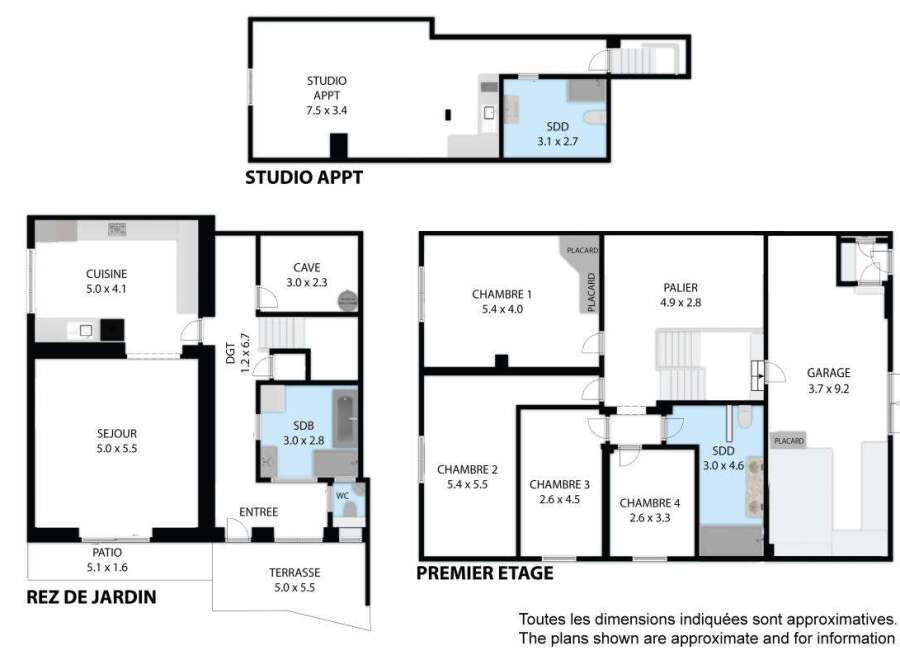 Discover this spacious property featuring a 'Rez de Jardin' level with a living room, kitchen, patio, and terrace, perfect for relaxation and entertaining.