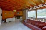 Experience cozy mountain living in this charming living room featuring a rustic stone fireplace and warm wood-paneled walls.