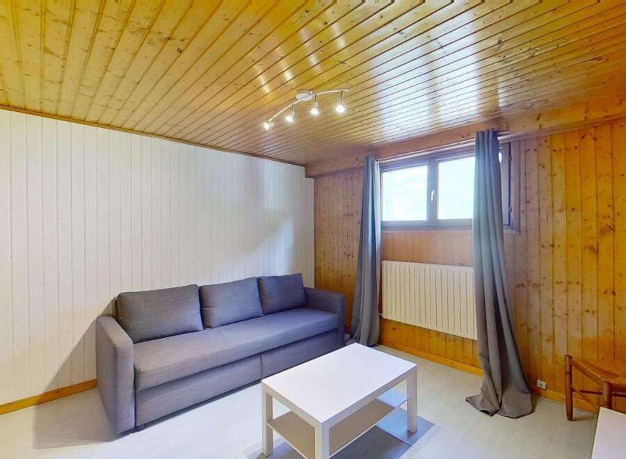 Experience cozy living in this charming room featuring a comfortable grey sofa and a modern white coffee table.