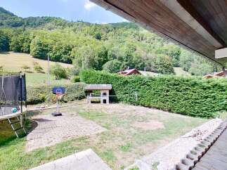 Enjoy outdoor fun in this spacious backyard featuring a trampoline and basketball hoop, perfect for active families.