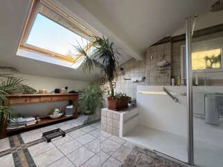 Experience a spa-like retreat in this unique bathroom featuring a large skylight that floods the space with natural light.