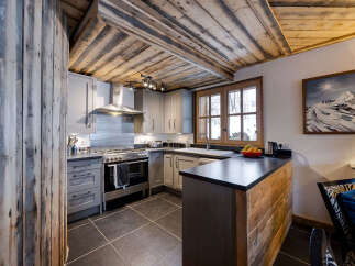 Experience rustic charm in this mountain-view kitchen, featuring a sleek stainless steel range and hood, complemented by warm wooden ceiling beams and paneling.