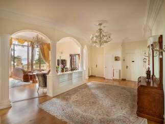 Step into this elegant entryway featuring a grand chandelier and a large oriental rug, leading to a sun-drenched living area with stunning ocean views.