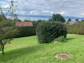 Enjoy breathtaking lake views from this charming property, nestled amidst lush greenery and mature trees.
