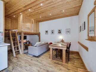Experience cozy living in this charming loft apartment, featuring a rustic wooden interior and a unique sleeping loft accessible by ladder.
