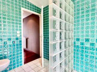 Step into a vibrant bathroom featuring stunning teal tiled walls and a unique glass block shower enclosure.