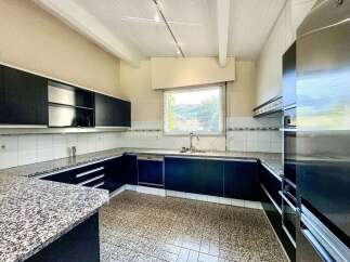 Discover this charming kitchen featuring sleek, dark cabinetry contrasted with a speckled granite countertop.