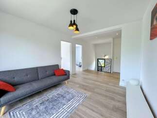 Discover this modern living space featuring a comfortable grey sofa adorned with vibrant red cushions, complemented by a stylish geometric rug.