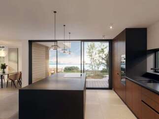 Experience modern luxury in this stunning open-concept kitchen and dining area, featuring a sleek island and elegant dining set with water views.