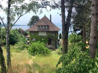 Nestled amidst lush greenery and mature trees, this charming home offers a serene retreat with picturesque lake views.